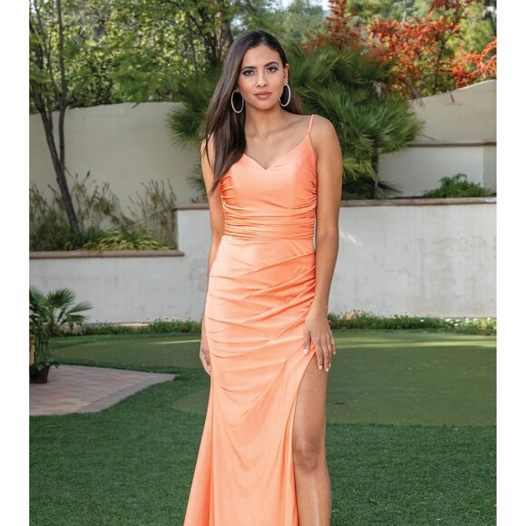 New Long Sheath Sleeveless Ruched Bridesmaid Dress w/ Leg Slit & V-Neck DQ 4288 - Picture 1 of 9